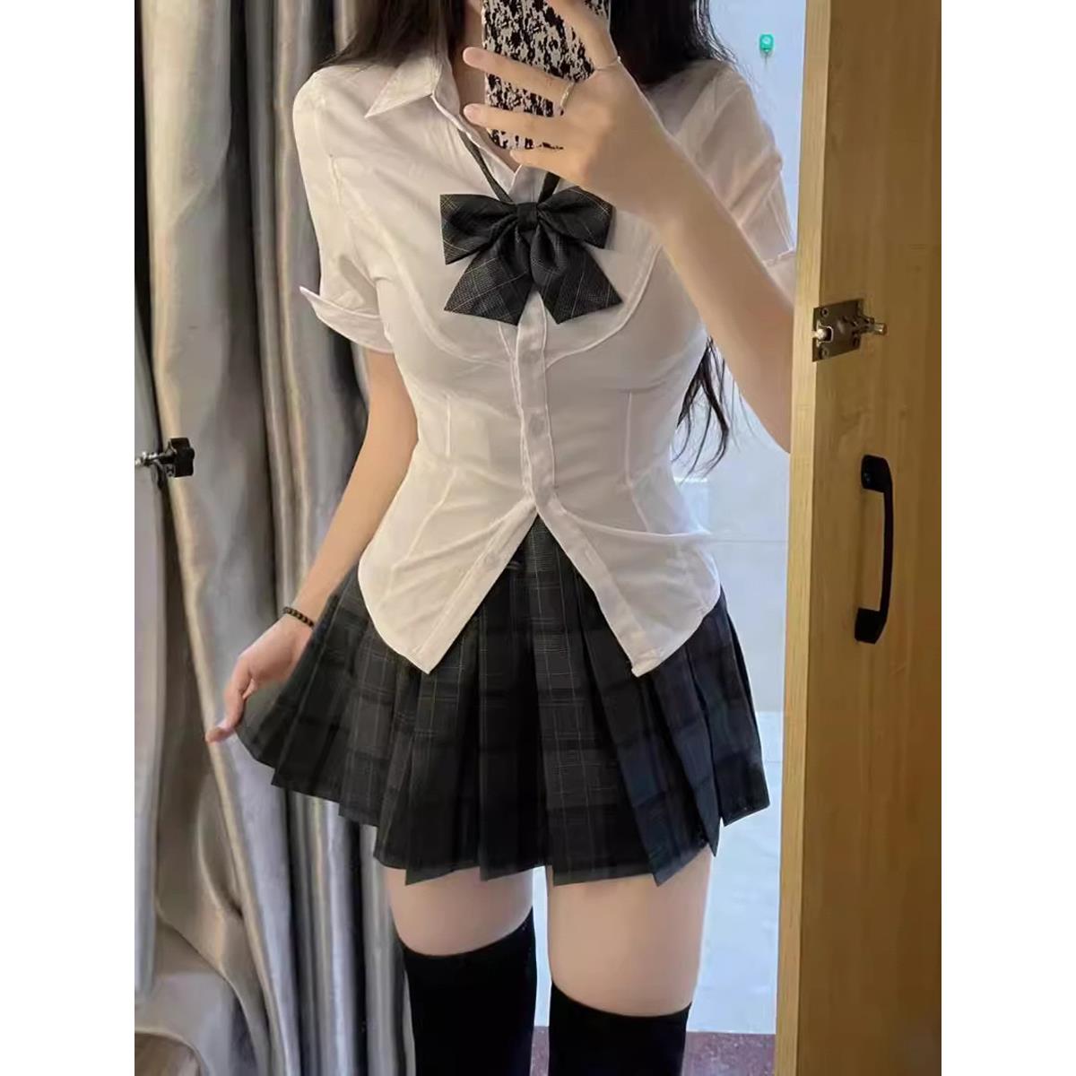 冈梨田jk套装制服原创正版夏季学院风39cm短裙纯欲风衬衫格裙全套