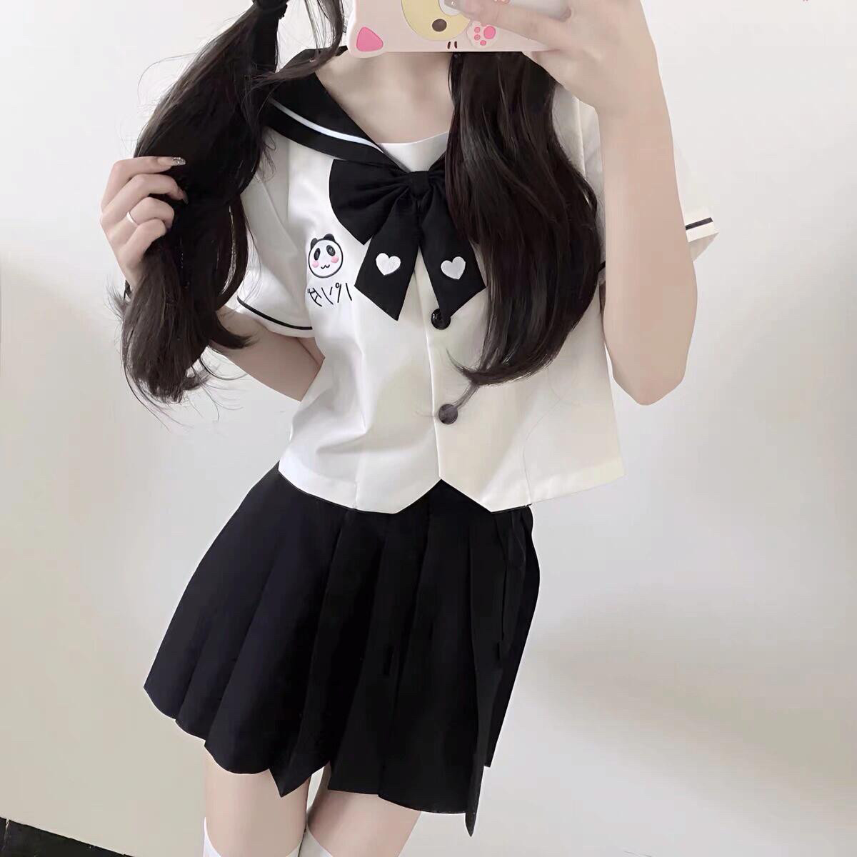 日系甜美可爱熊猫刺绣软妹正统短袖长袖JK制服水手服女夏学生套装