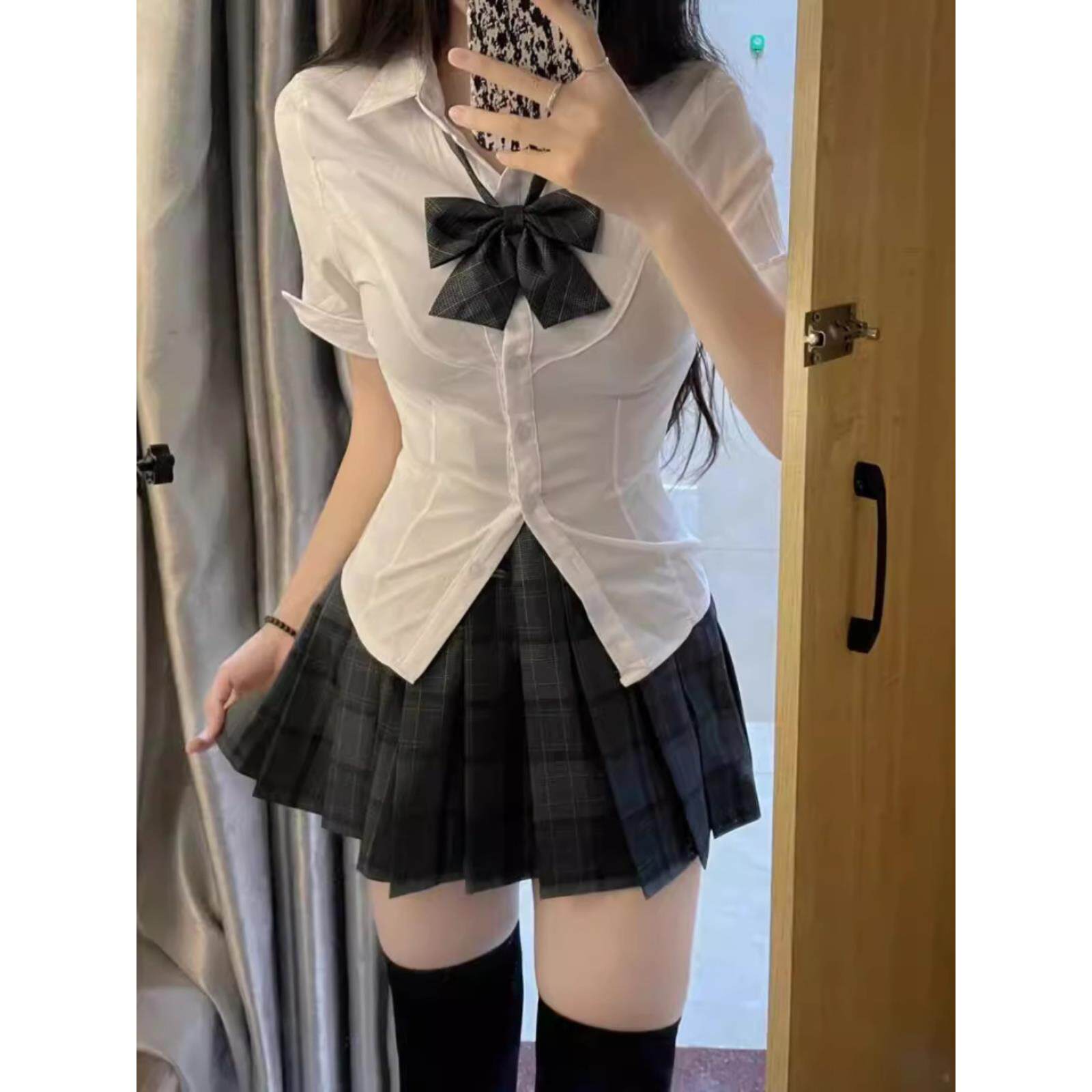 原创秋田立中jk制服正版狗短格裙夏季学院风收腰衬衫百褶短裙套装