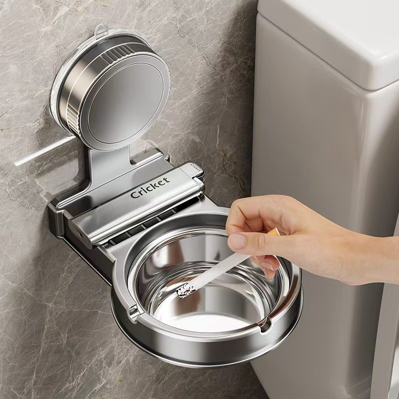 吸盘烟灰缸家用厕所卫生间不锈钢免打孔壁挂式防飞灰创意烟灰缸架