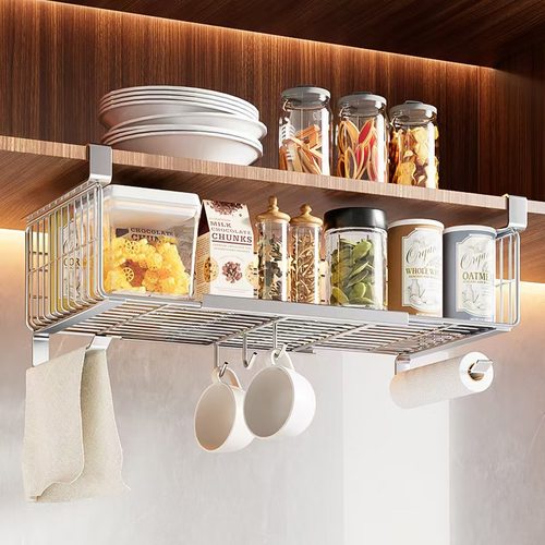 不锈钢厨房置物架橱柜下挂架吊柜内分层伸缩挂篮悬挂式调料收纳架