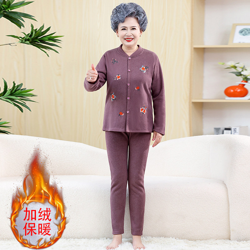 할머니의 가을 겨울 보온 속옷 세트 중년 및 노인 여성 어머니 플러스 벨벳 및 두꺼운 양털 가디건 투피스 세트