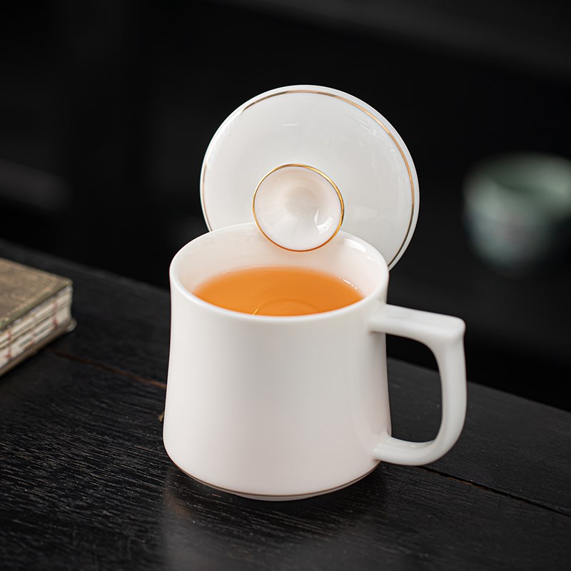 茶杯办公杯会议杯水杯羊脂t玉白瓷家用简约带手柄陶瓷带盖礼品定