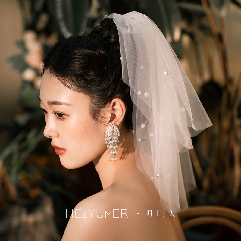 《甜微》新娘主婚纱求婚领证登记拍照道具多层珍珠U结婚短款小头