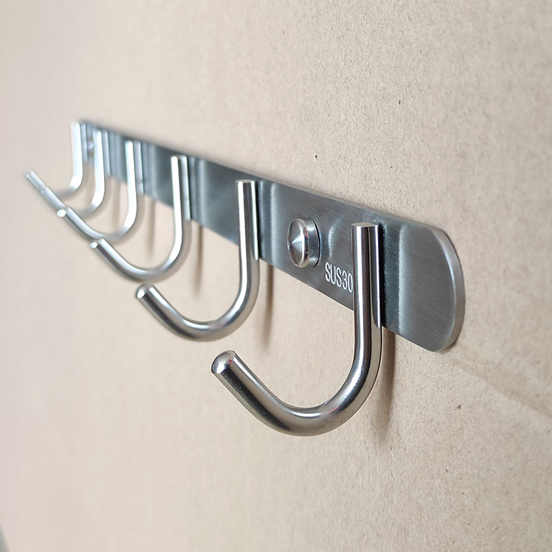 不锈钢挂钩加厚304免钉/打孔厨房洗手间毛巾O架实心拉丝长排衣帽