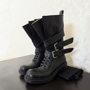 阿miu皮带扣真皮机车短靴英伦风骑士马丁靴复古做旧毒液战损靴女
