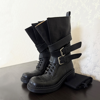 阿miu皮带扣真皮机车短靴英伦风骑士马丁靴复古做旧毒液战损靴女