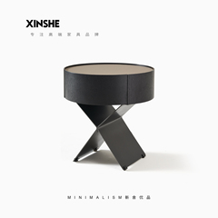 意式极简床头柜圆形马鞍皮黑色高级感轻奢不锈钢设计师主卧XS新舍