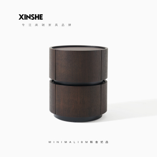 意式极简床头柜圆形烟熏黑色高级感马鞍皮主卧复古简约轻奢XS新舍