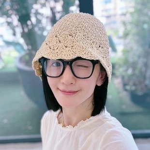 谢娜同款草编水桶帽女日系手工编织镂空透气防晒草帽遮阳渔夫盆帽