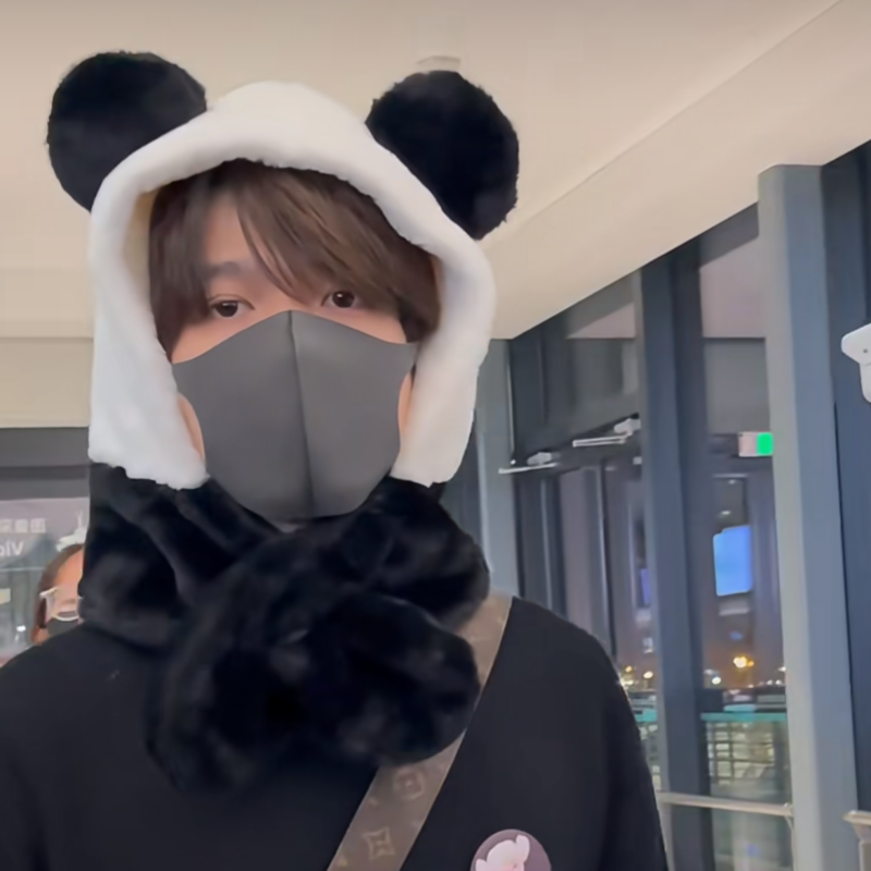 熊猫帽子冬加厚保暖护耳套头围脖