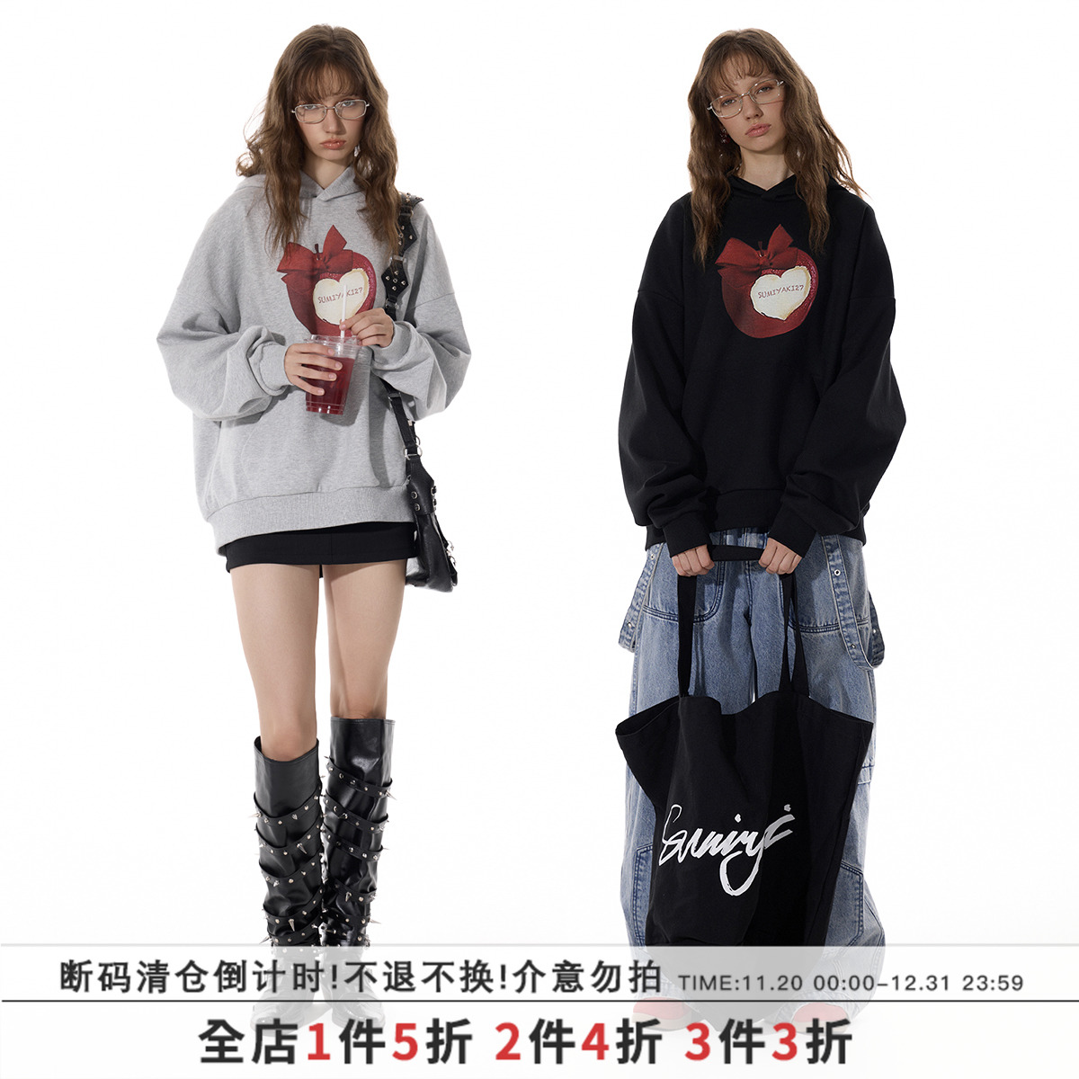 SUMIYAKI 27 苹果黑色连帽卫衣宽松长袖套头春秋原创美式新款上衣