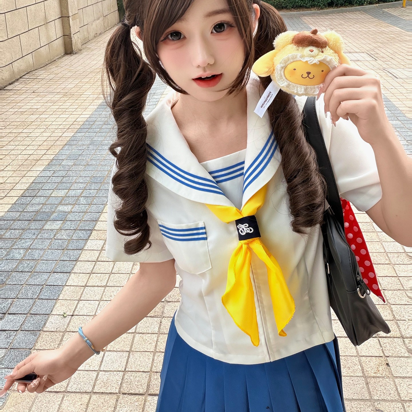 甘心物语原创jk制服短袖收腰蓝三本水手服百褶短裙大码校服套