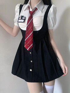 学院风jk制服美式收腰显瘦假两件连衣裙女春夏长袖衬衫新款套装