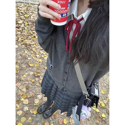海苔jk制服套装裙女学生秋季日系学院风深灰色针织开衫百褶裙格裙