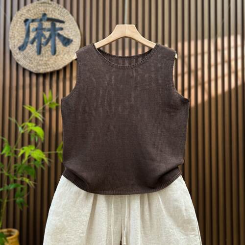 亚麻圆领针织马甲女夏季薄款