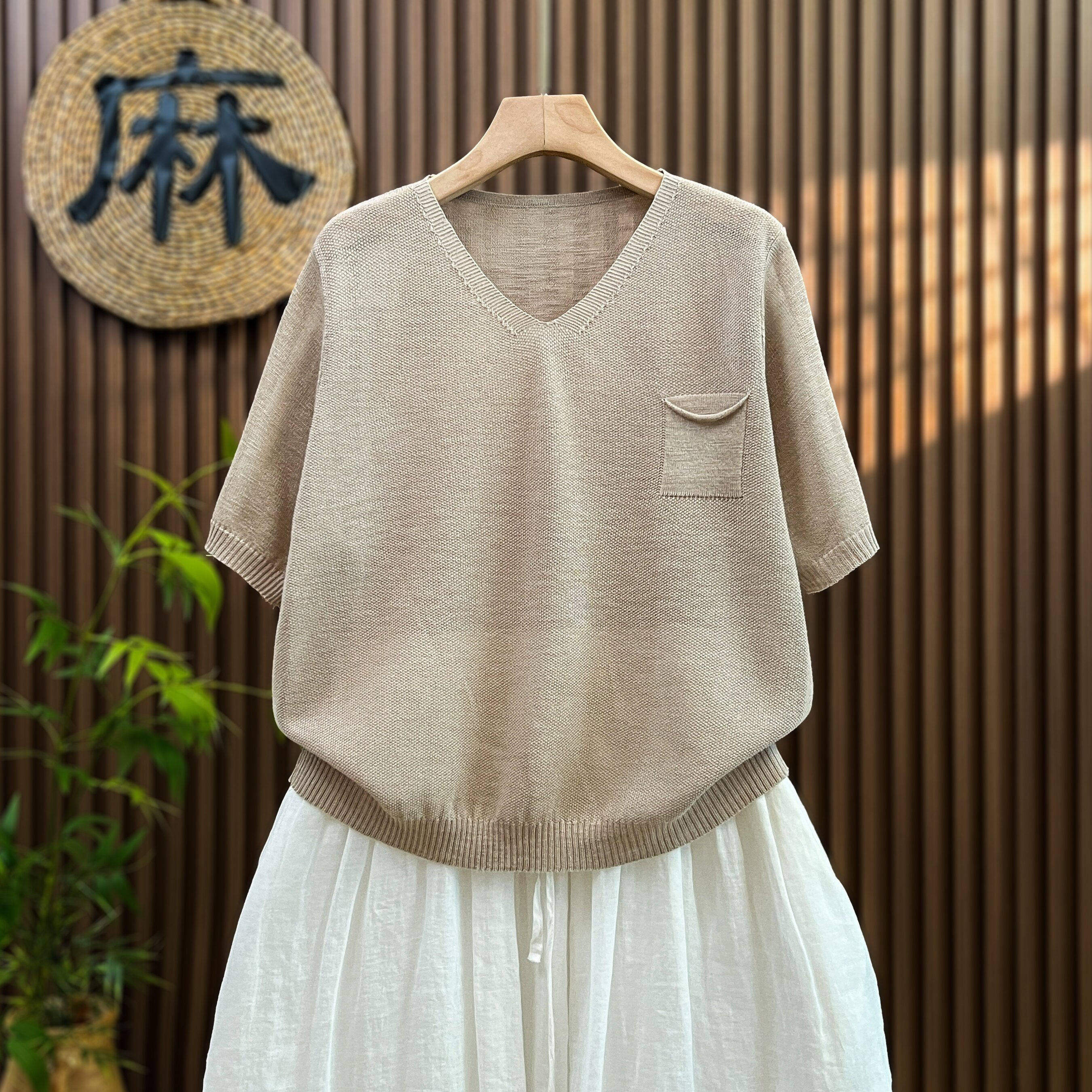 【夏季透气】大码韩系短袖套头t恤女新款宽松亚麻针织衫短款上衣
