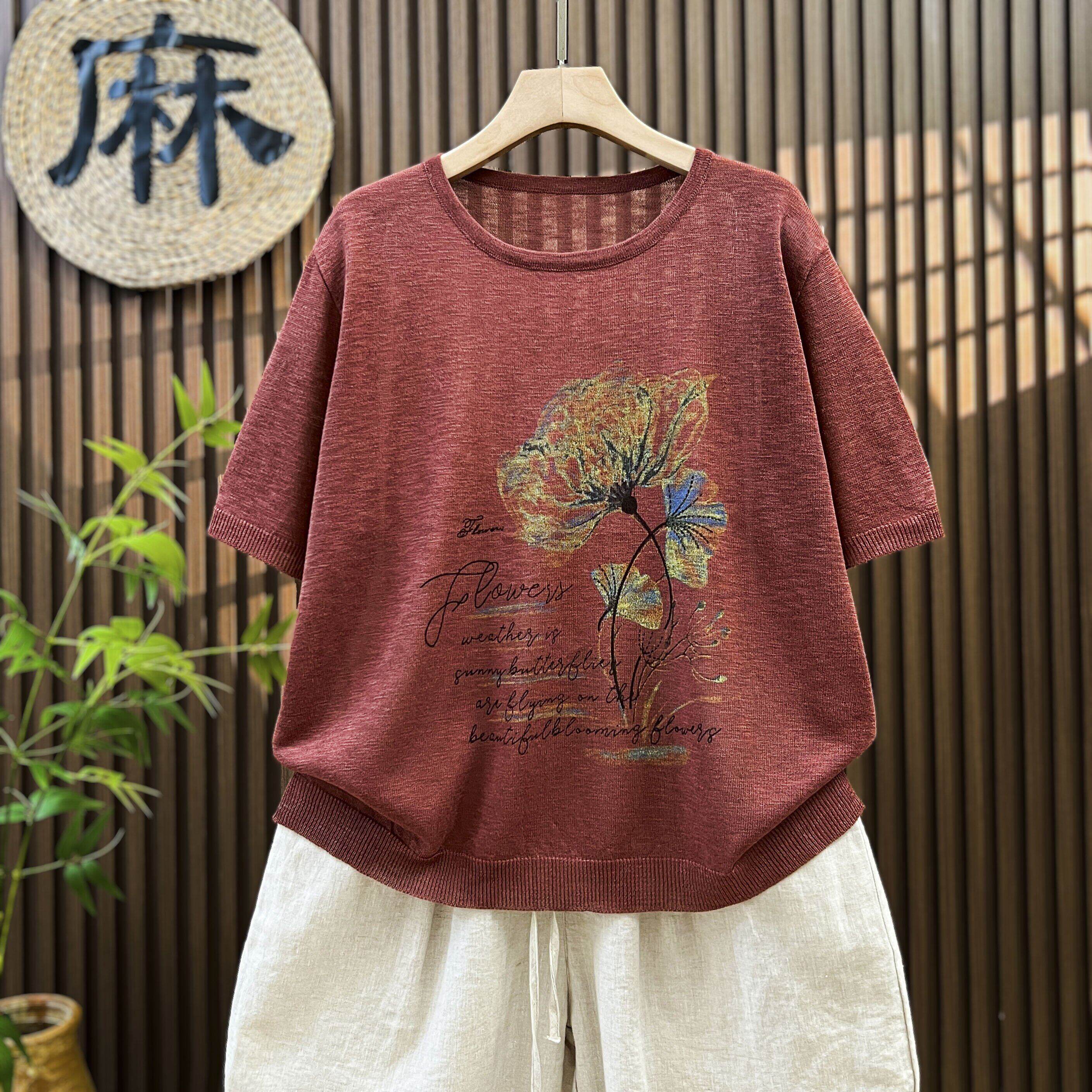 【夏季透气】薄款大码亚麻短袖T恤女针织衫中袖上衣宽松印花上衣