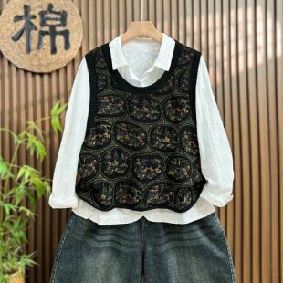 大码2026新款中国风印花针织棉马甲女款春秋宽松背心马夹坎肩叠穿
