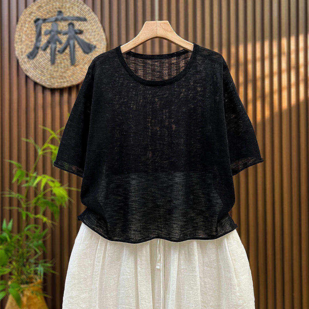 【夏季薄薄薄款】超火大码短袖夏季t恤女宽松亚麻针织衫短款上衣