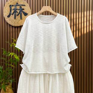 【夏季薄薄薄款】大码短袖套头夏季t恤女宽松亚麻针织衫短款上衣