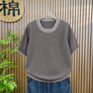 清凉夏季大码超火新款短袖套头t恤女款宽松亚麻针织衫短款上衣