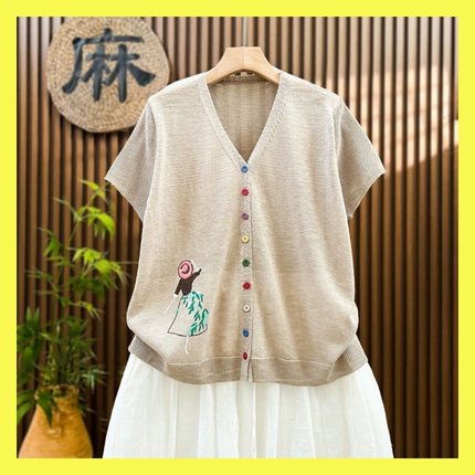 印花彩扣竹节麻防晒空调衫针织开衫新款薄款女短款外搭夏季短袖