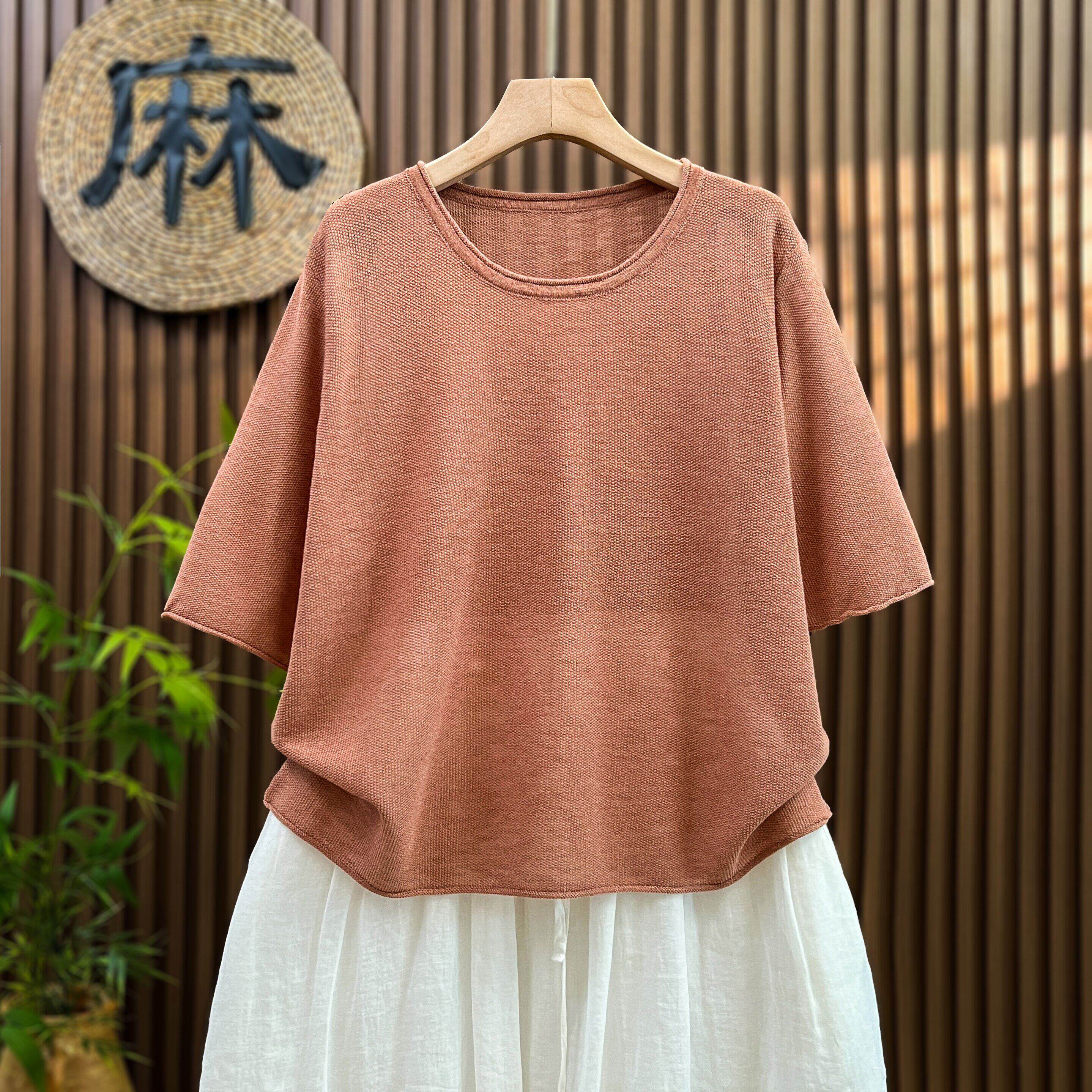 【夏季透气】薄款大码短袖套头圆领t恤女短袖宽松亚麻针织衫上衣