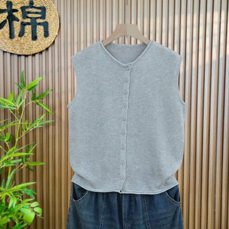 清凉夏季马夹夏季薄款亚麻针织马甲背心女外穿宽松无袖上衣短款