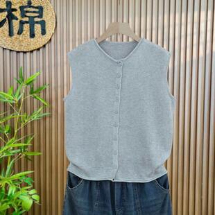 清凉夏季马夹夏季薄款亚麻针织马甲背心女外穿宽松无袖上衣短款
