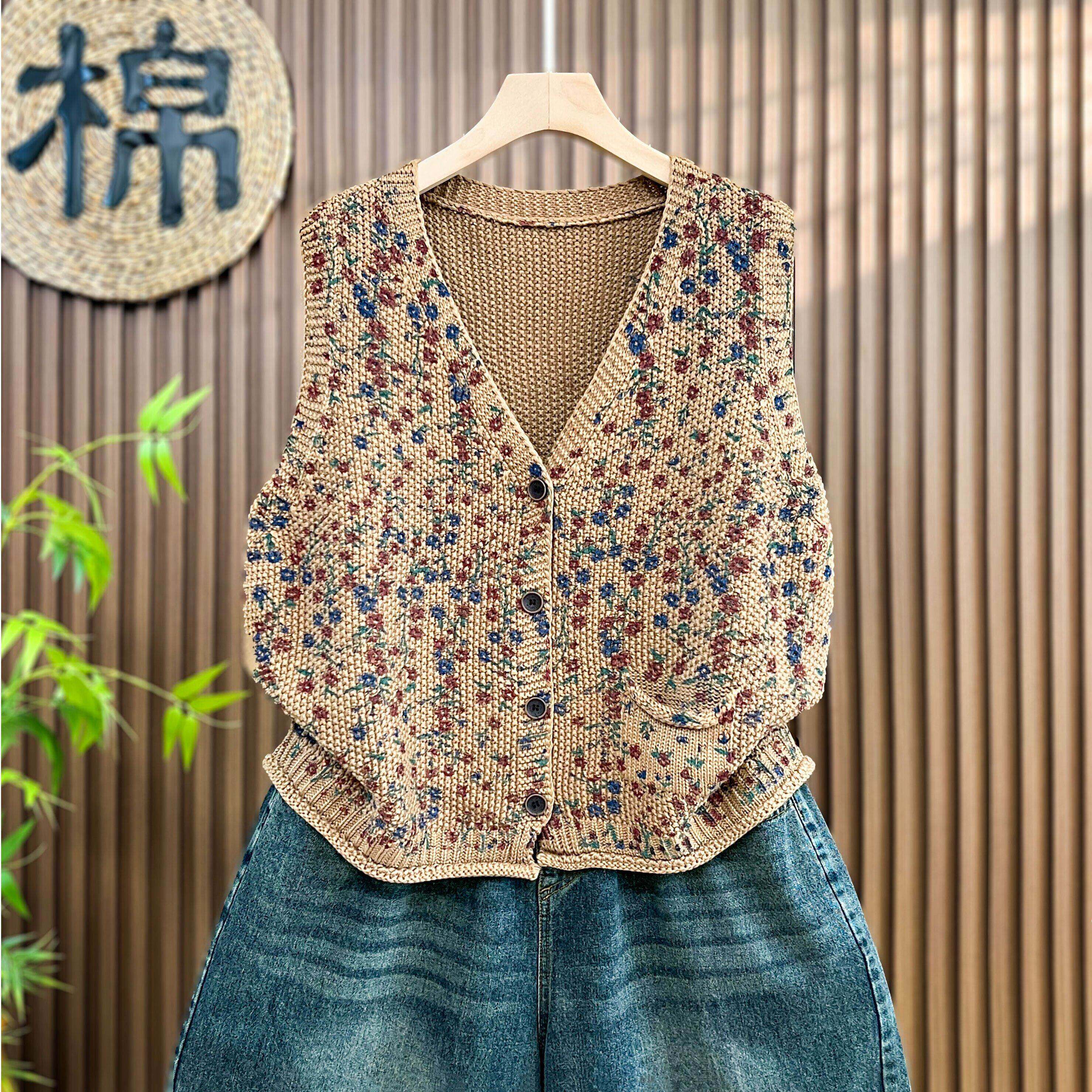 大码印花棉线针织马甲女款叠穿2026新款开衫春秋宽松背心马夹坎肩