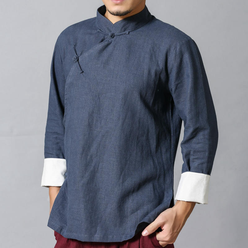 中国风居士亚麻长袖男衬衫唐装盘扣复古文艺纯色斜襟立领中式上衣
