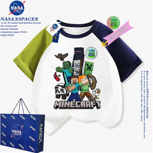 NASA联名男童发光我的世界纯棉短袖T恤儿童夏季多巴胺穿搭上衣服