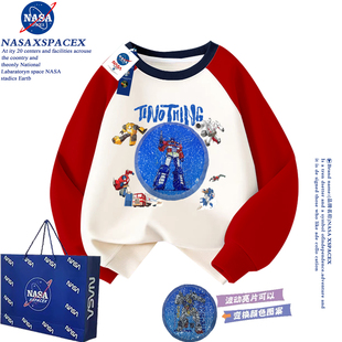 NASA联名亮片高达变形金刚男童加绒插肩卫衣春秋冬痞帅变图案上衣