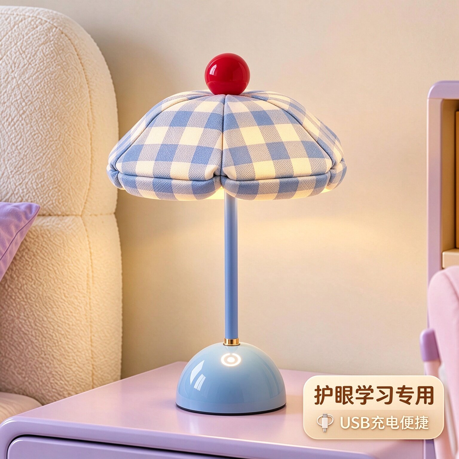 法式奶油格纹布艺充电护眼台灯