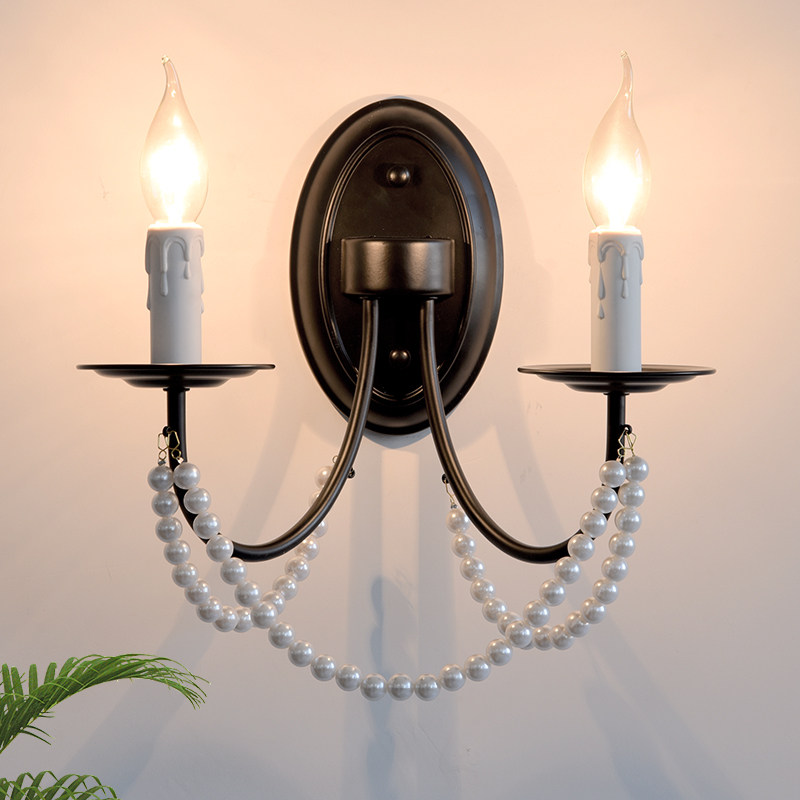 黑色高级感双头复古简约客厅餐厅背景墙餐厅过道蜡烛珍珠水晶壁灯
