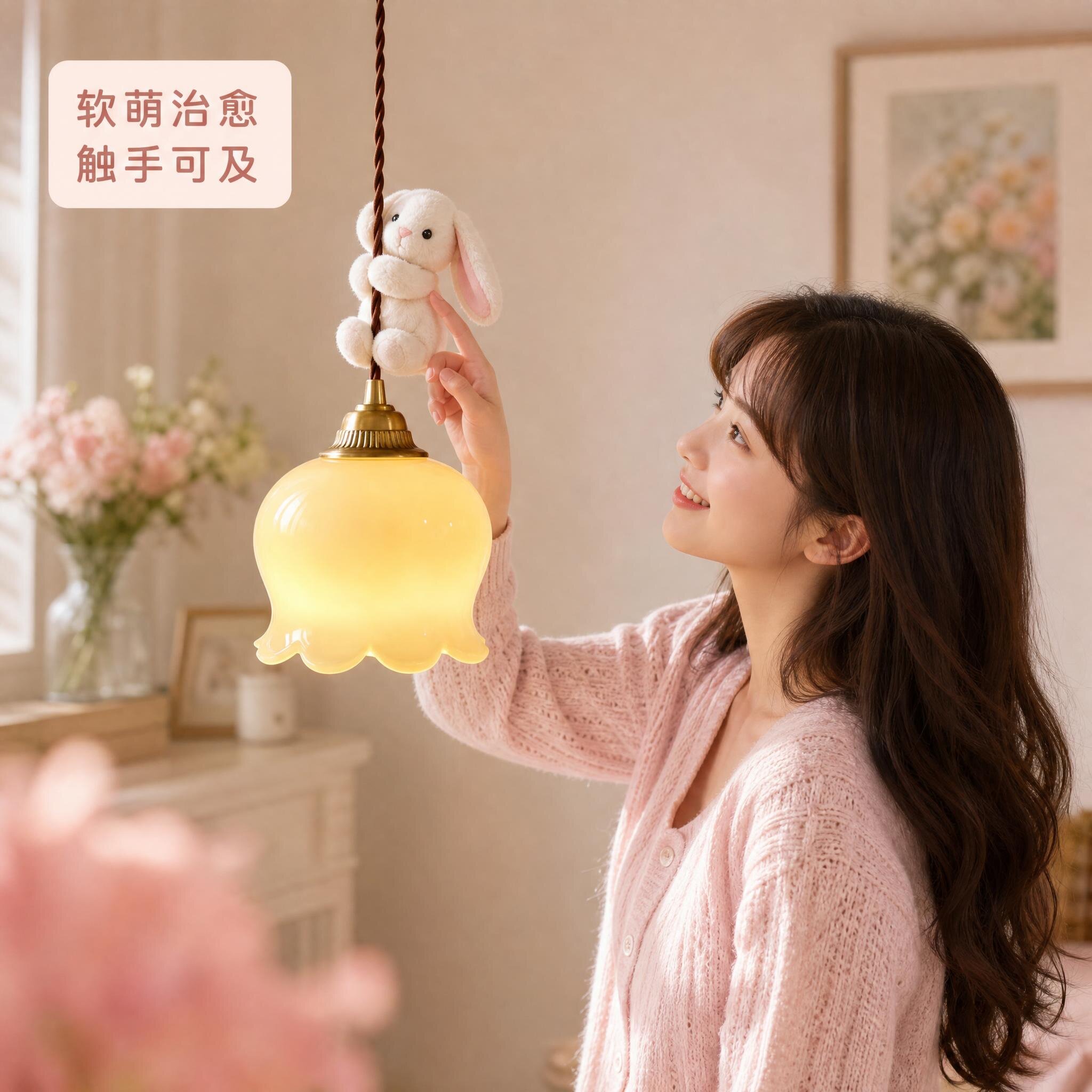法式奶油风萌兔铃兰儿童房吊灯
