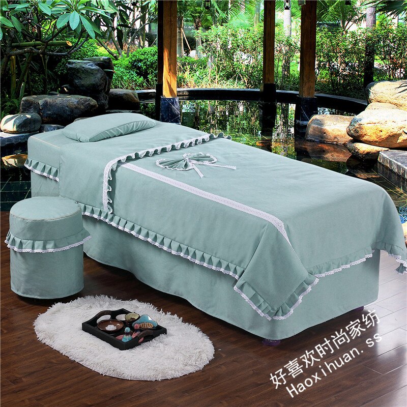 美容床罩四件套纯色棉麻 高档欧式奢华按摩床套简约 美容院专用