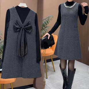 小香风亮片砍袖连衣裙女蝴蝶结显瘦亮晶晶中长款无袖背心打底裙子