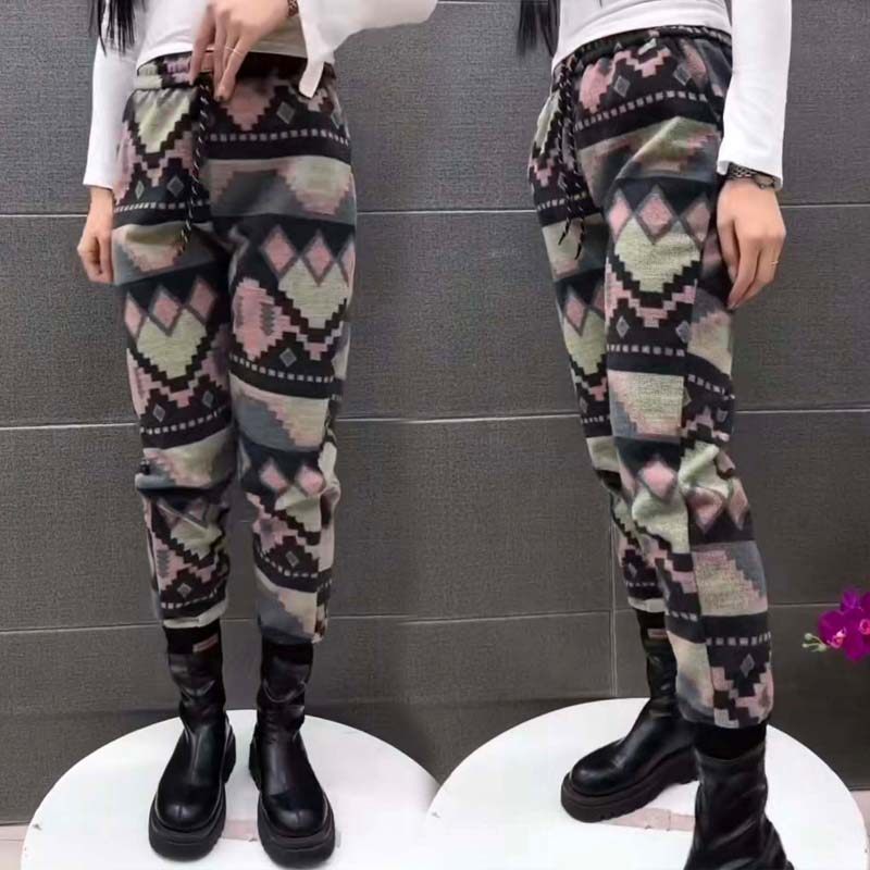 高腰几何印花哈伦裤女通勤长裤