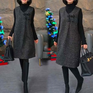 A字裙打底裙子女潮 马甲连衣裙毛呢复古盘扣无袖 秋冬新款 网红砍袖