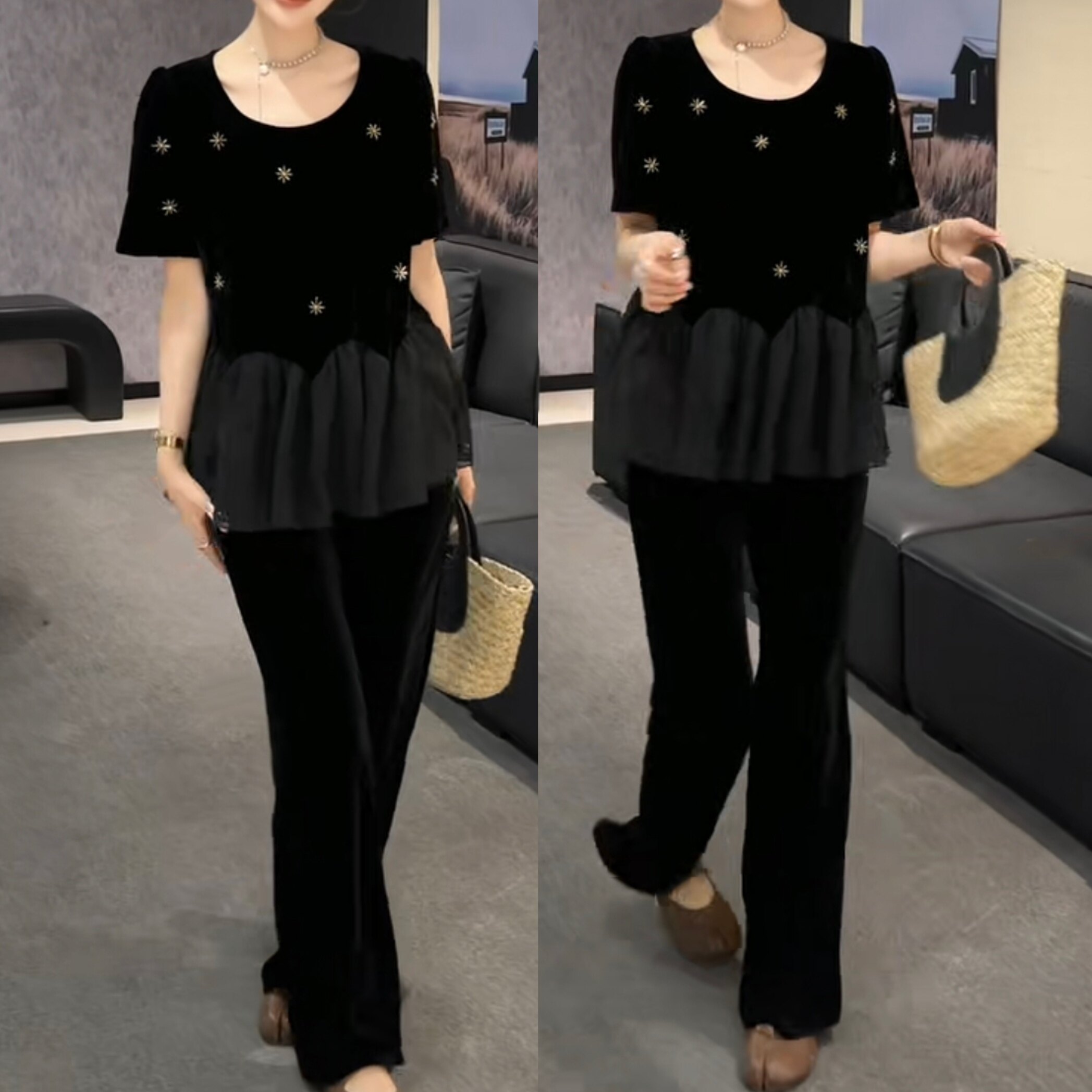 拼接打底衫法式黑色上衣女荷叶边短袖丝绒T恤女轻奢圆领雪纺