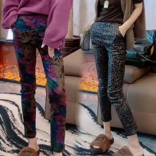 2026秋冬新款涂层碎花豹纹九分长裤薄绒洋气显瘦铅笔裤小脚裤子女