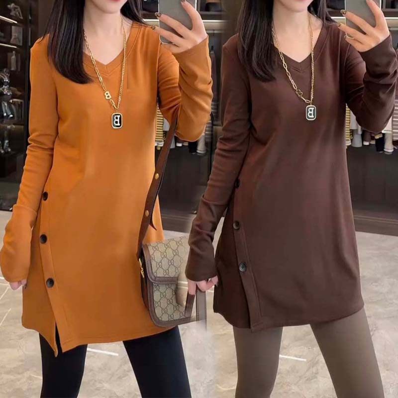 新款设计感V领纽扣开叉长袖加绒连衣裙女中长款显瘦气质打底裙子,女装/女士精品,连衣裙,淘宝优惠券,粉丝福利购,淘宝优惠卷