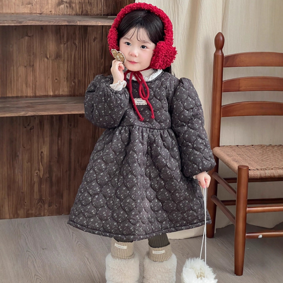 2025韩版童装秋冬女童夹棉加厚连衣裙儿童碎花加绒花边棉服裙