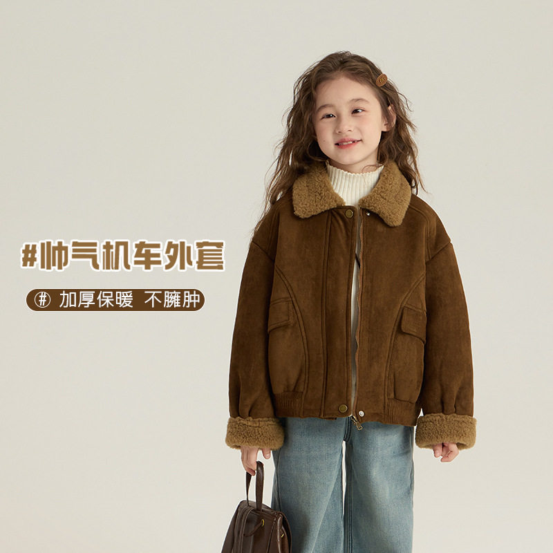 女童复古机车夹克外套2025冬儿童韩版皮毛一体保暖棉服潮