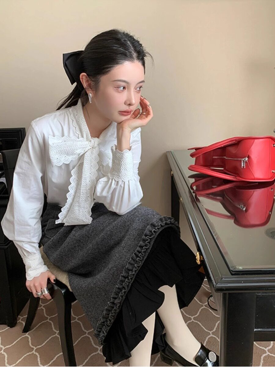 GROVE FOREVER 봄 가을 겨울 프랑스 스타일 화이트 스탠드 칼라 셔츠 여성 고급 가디건 탑