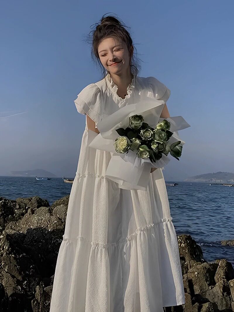 GROVE FOREVER 여름 신작 프렌치 화이트 곰팡이 드레스 작은 남자 플라잉 슬리브 케이크 드레스