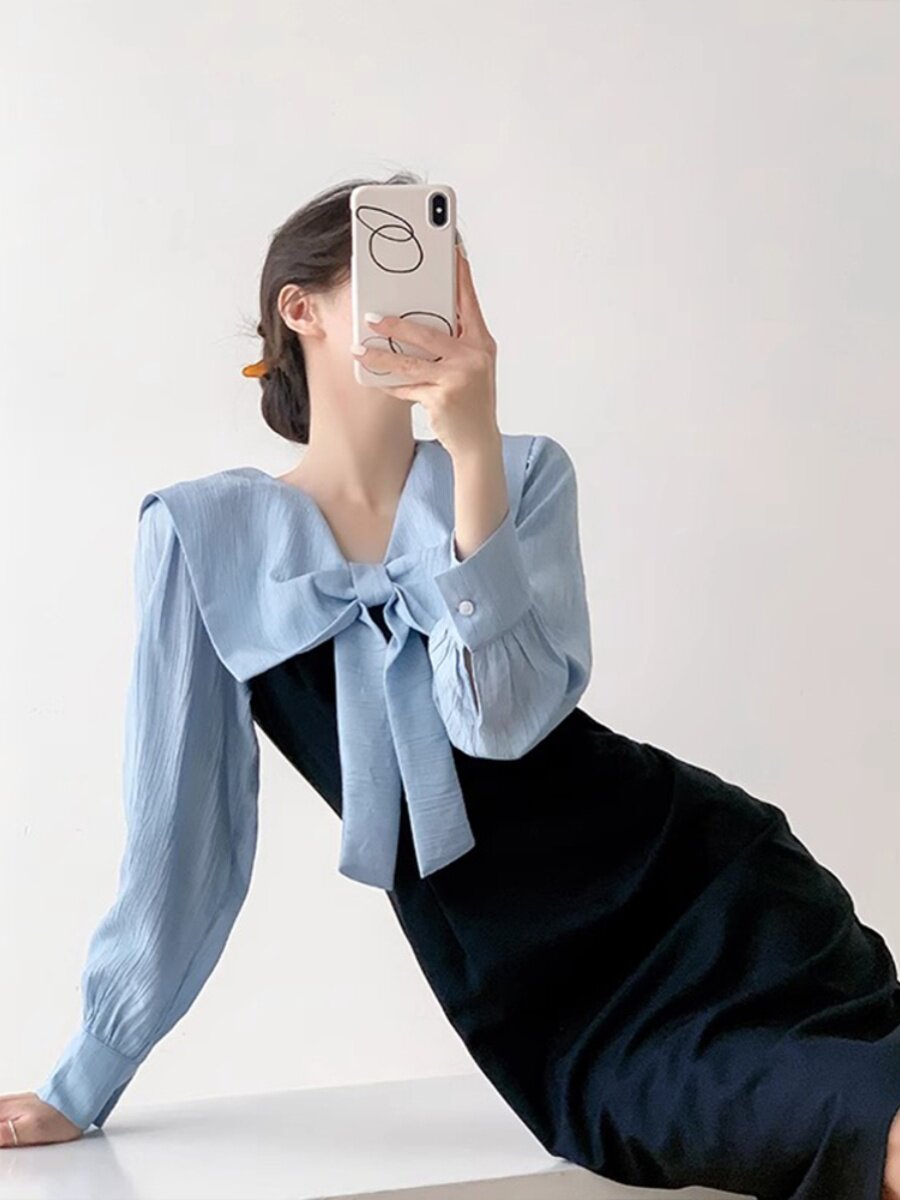 GROVE FOREVER 새로운 봄 가을 가짜 투피스 스플리싱 스커트 여성 슬림 피팅 보우 드레스