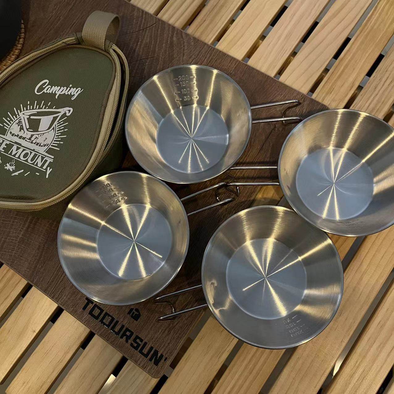 户外304不锈钢雪拉碗 野餐露营餐具野营雪拉杯折叠手柄咖啡挂钩杯